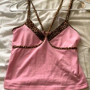 pink leopard tank, with straps in the front.